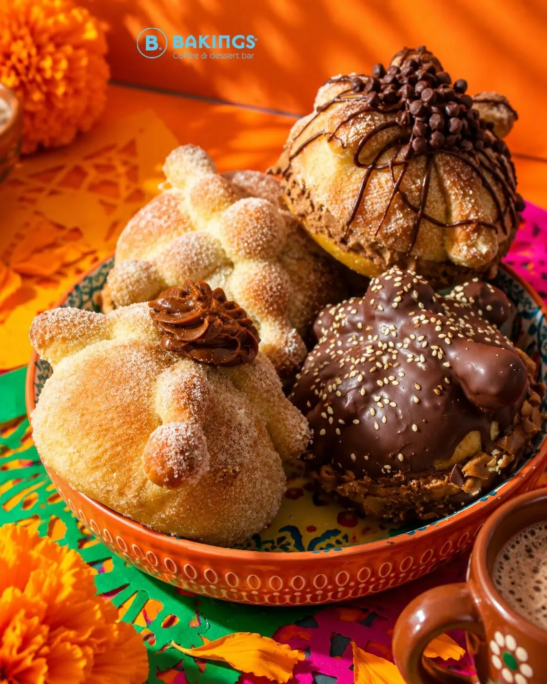 Pan de muerto de temporada en Bakings: tradicional, churro, mole dulce y Nutella